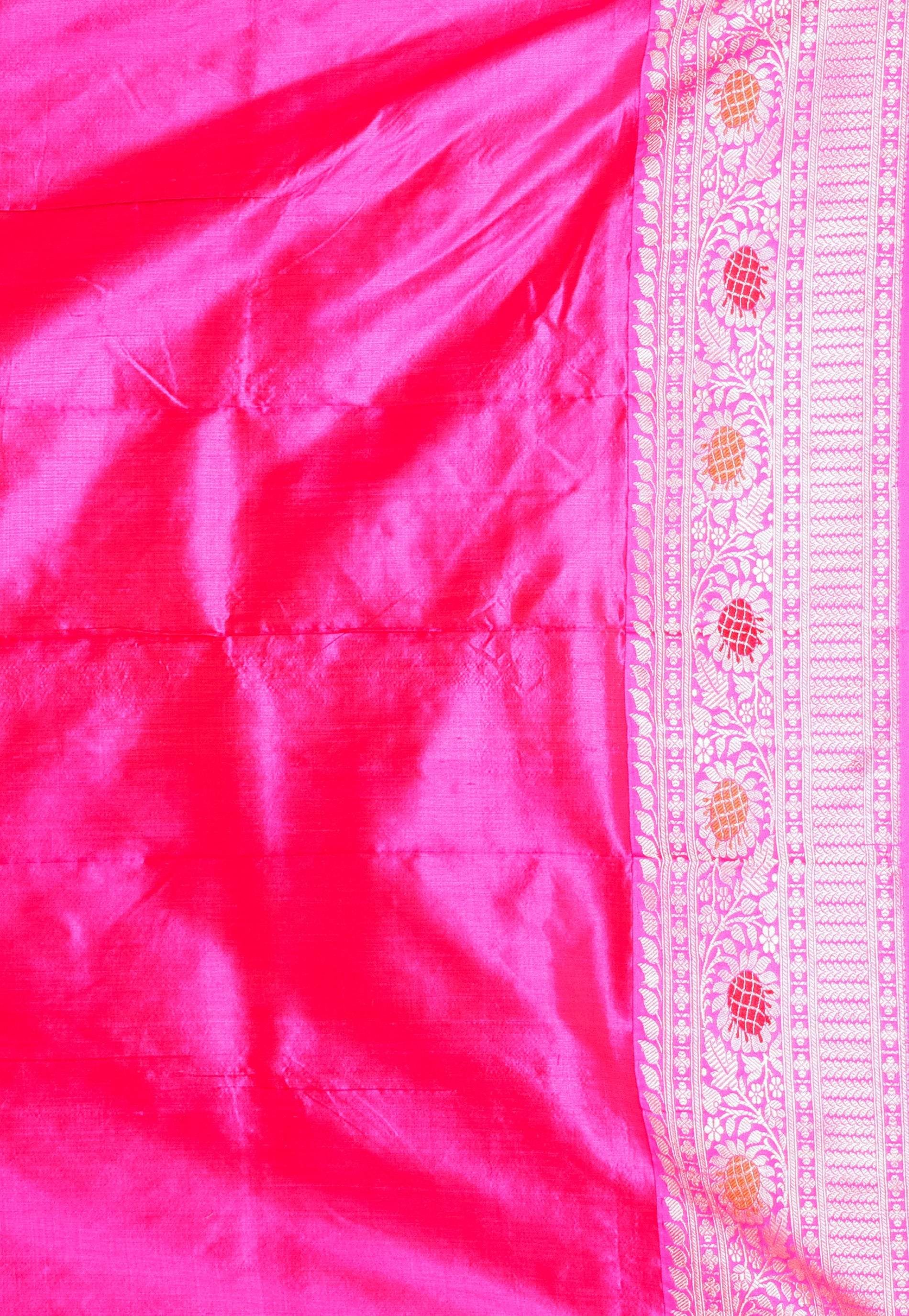 Tussar color with Rani Pink Minakari Border Katan Pure Silk Saree With Blouse Piece - Adi Akshoy & Co.