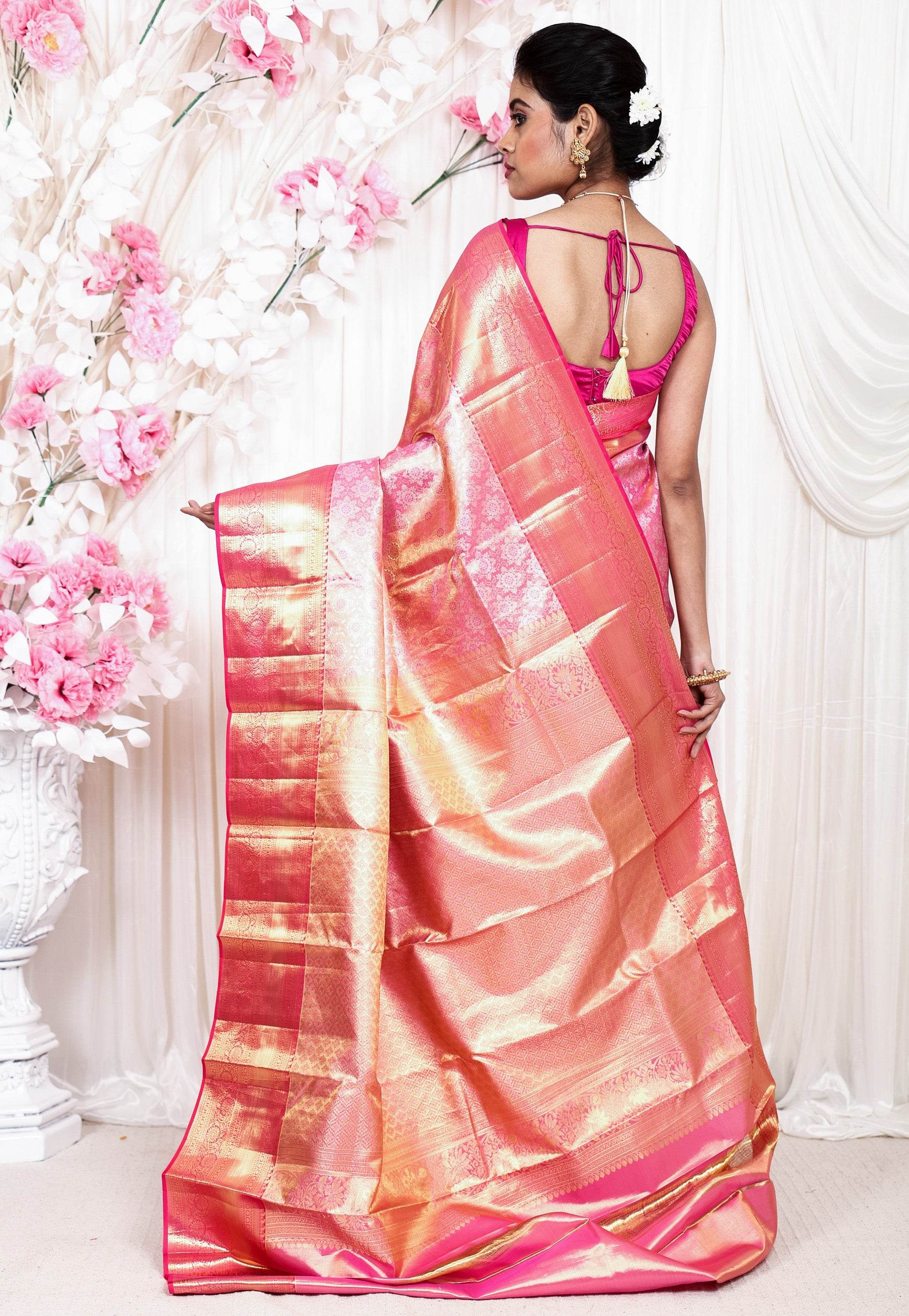 Rani Brocade with Rani Pink Border Tissue Kanjivaram Pure Silk Saree With Blouse Piece - Adi Akshoy & Co.