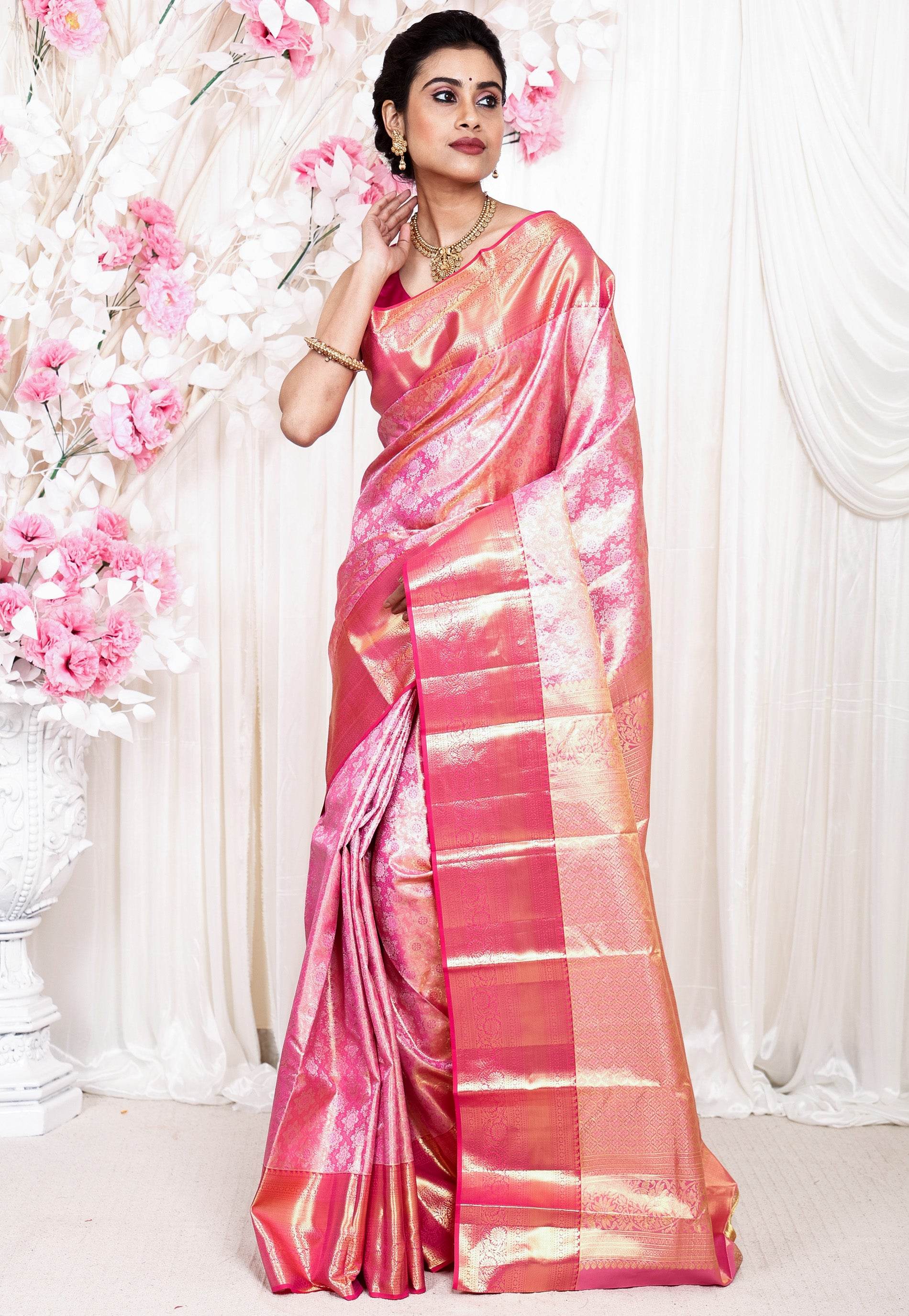 Rani Brocade with Rani Pink Border Tissue Kanjivaram Pure Silk Saree With Blouse Piece - Adi Akshoy & Co.