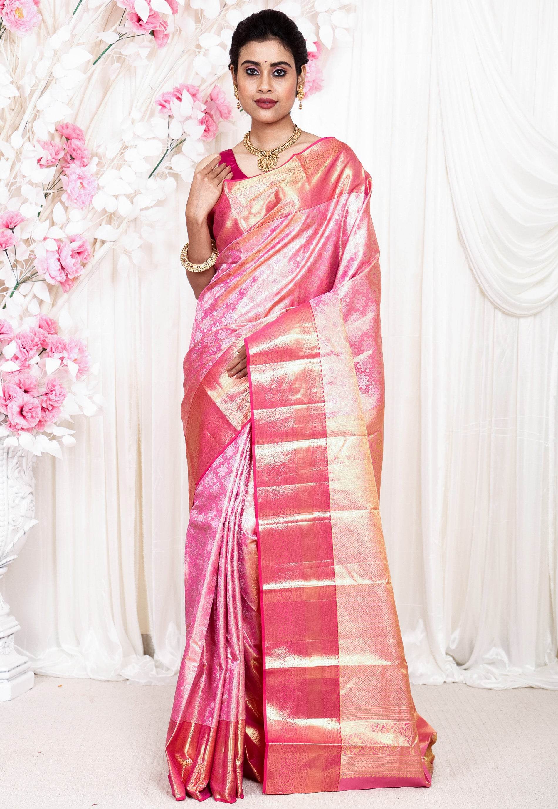 Rani Brocade with Rani Pink Border Tissue Kanjivaram Pure Silk Saree With Blouse Piece - Adi Akshoy & Co.