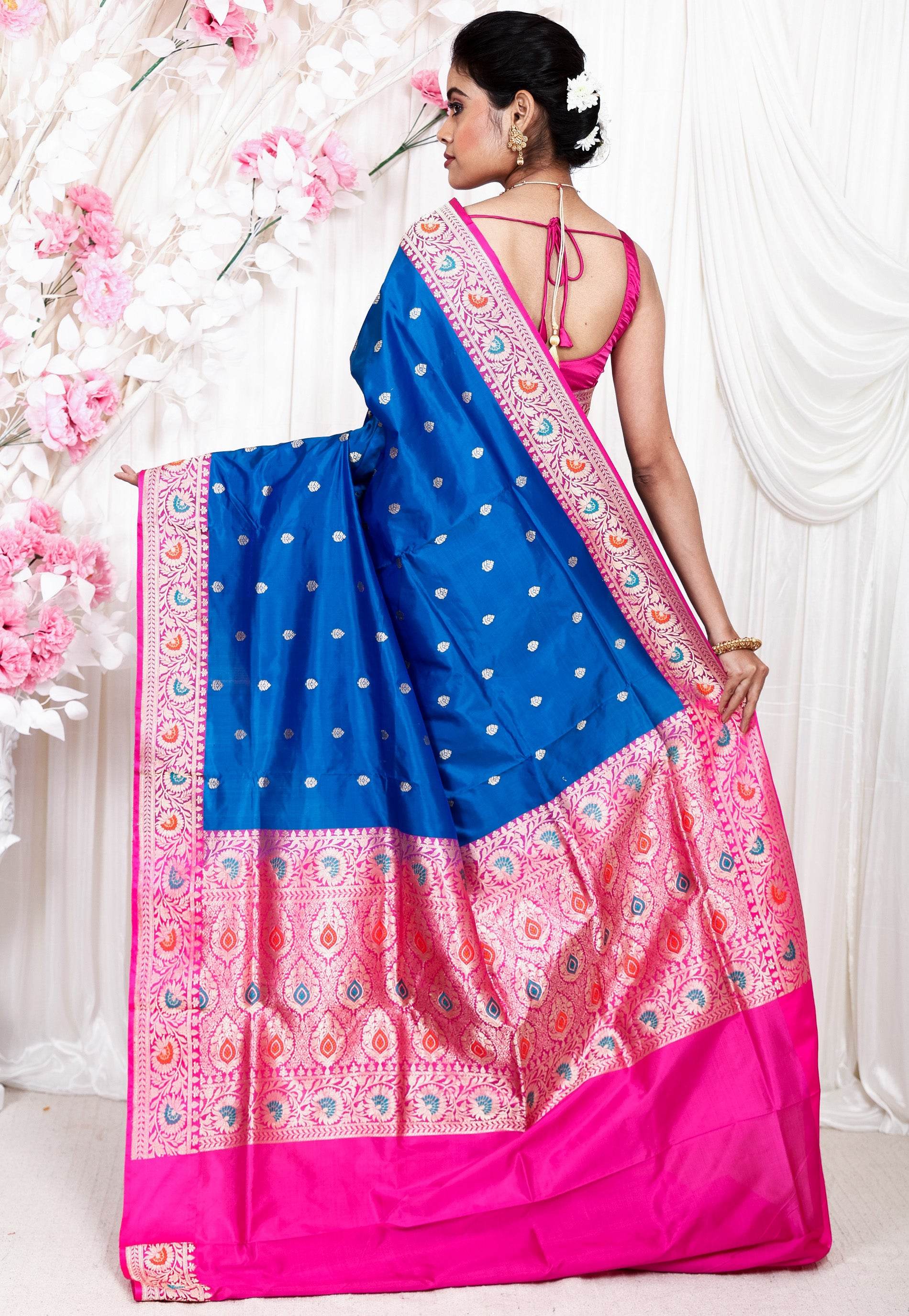 Feroza Blue with Ran Pink Border Minakari Katan Pure Silk Saree With Blouse Piece - Adi Akshoy & Co.