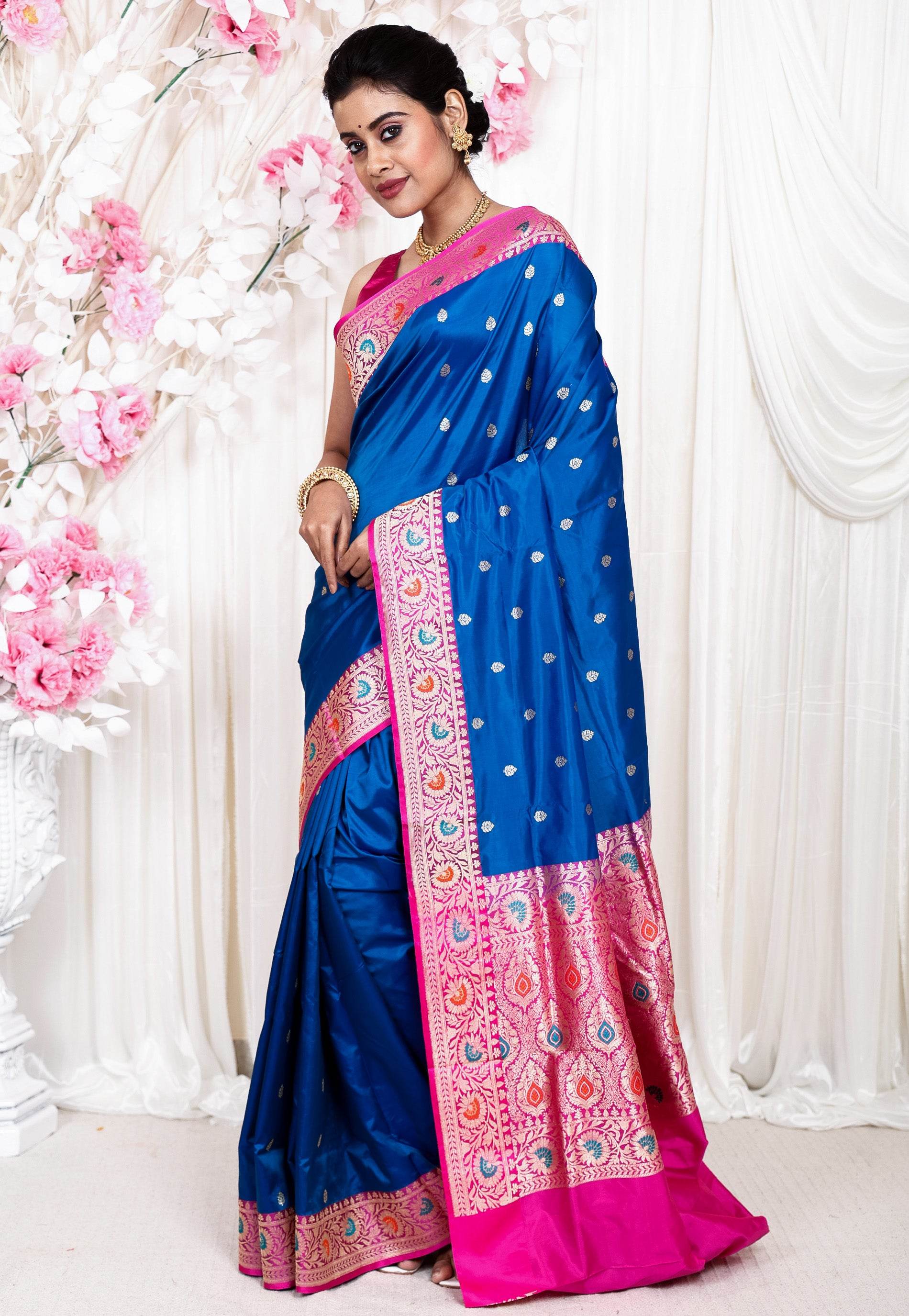 Feroza Blue with Ran Pink Border Minakari Katan Pure Silk Saree With Blouse Piece - Adi Akshoy & Co.