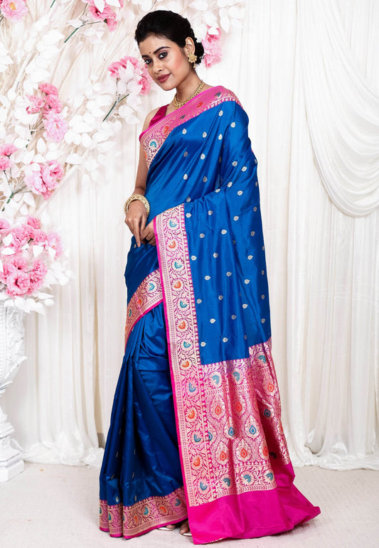 Feroza Blue with Ran Pink Border Minakari Katan Pure Silk Saree With Blouse Piece - Adi Akshoy & Co.