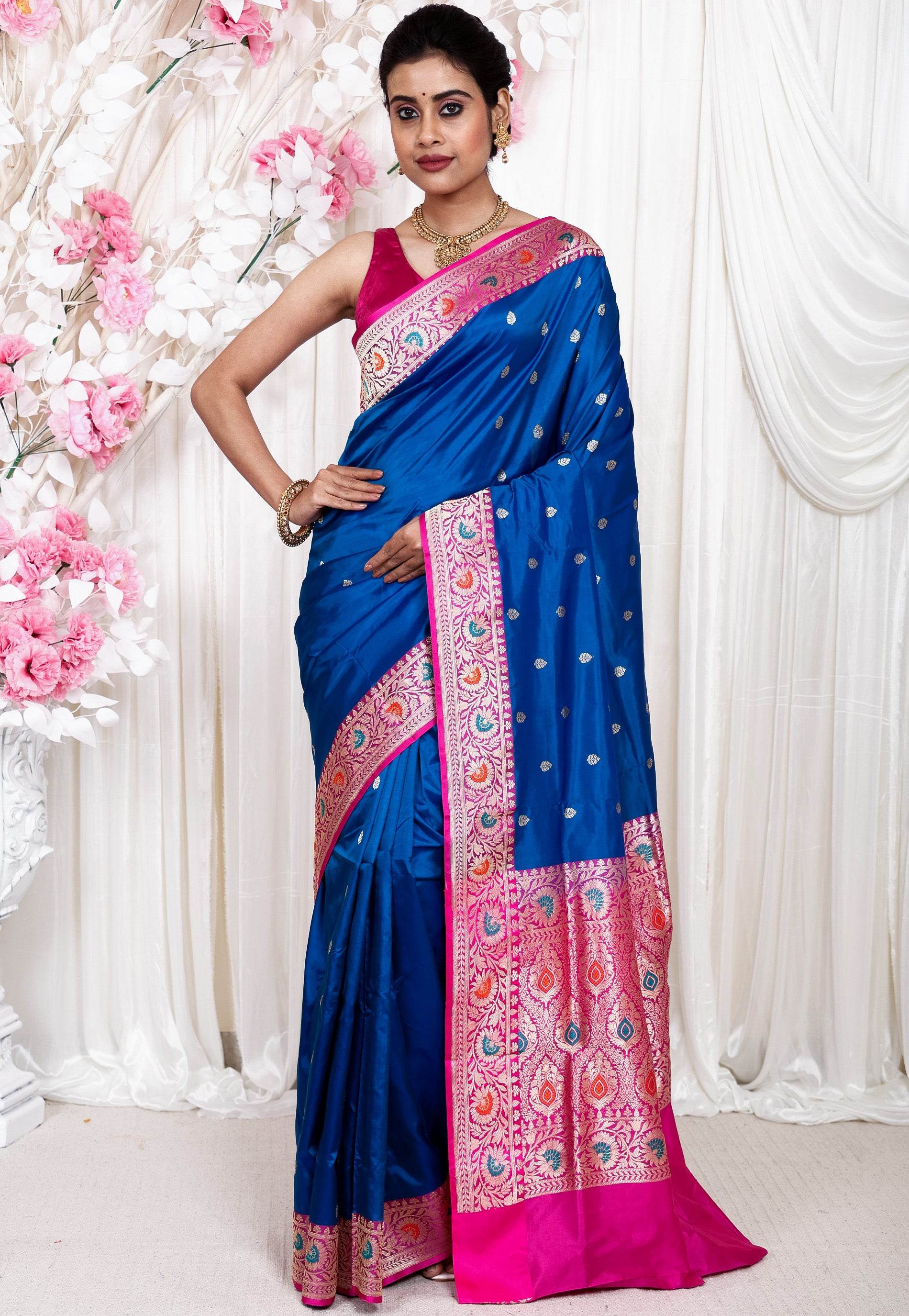 Feroza Blue with Ran Pink Border Minakari Katan Pure Silk Saree With Blouse Piece - Adi Akshoy & Co.