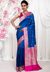 Feroza Blue with Ran Pink Border Minakari Katan Pure Silk Saree With Blouse Piece - Adi Akshoy & Co.