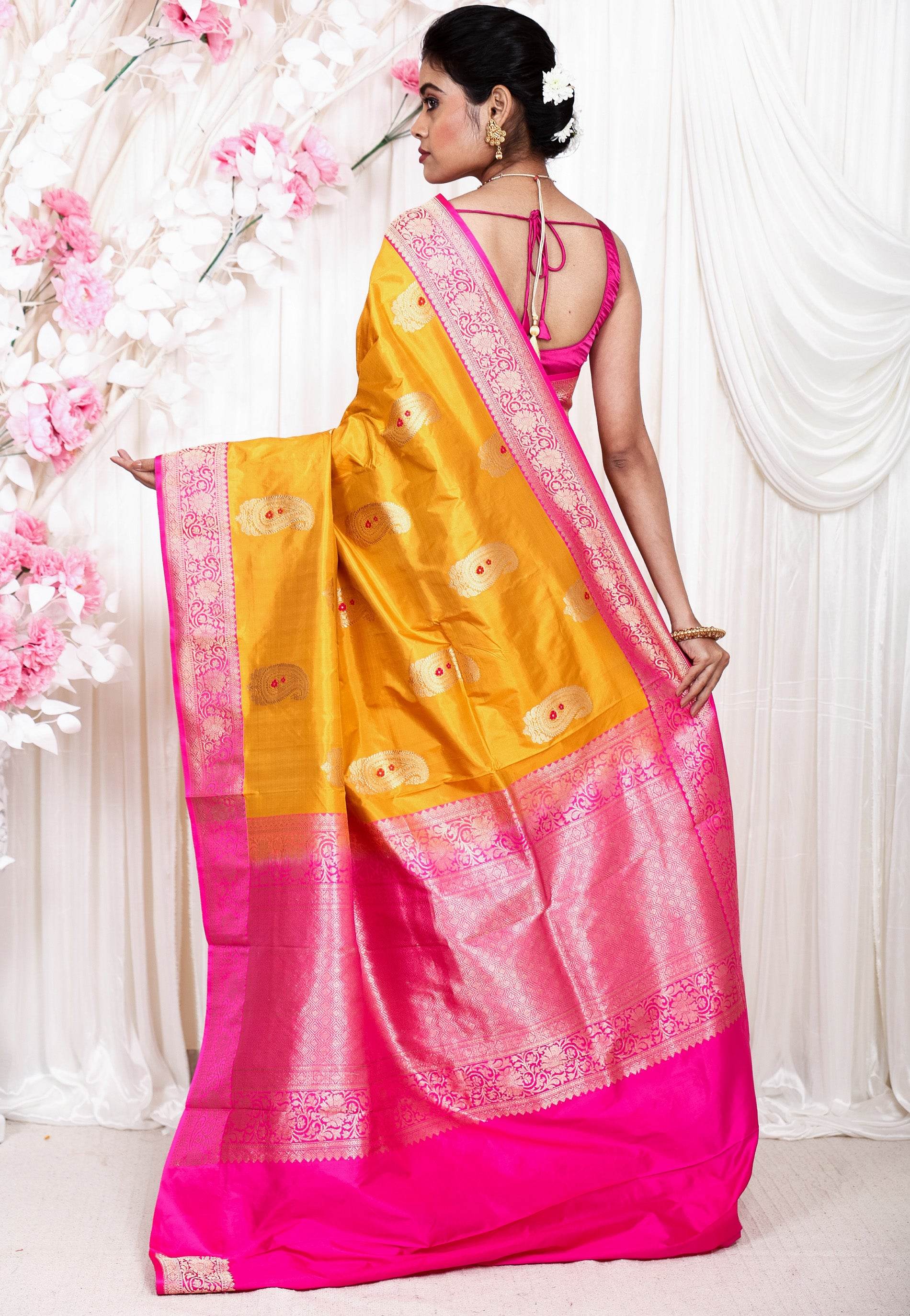 Mustard with Rani Pink Border Katan Pure Silk Saree With Blouse Piece - Adi Akshoy & Co.