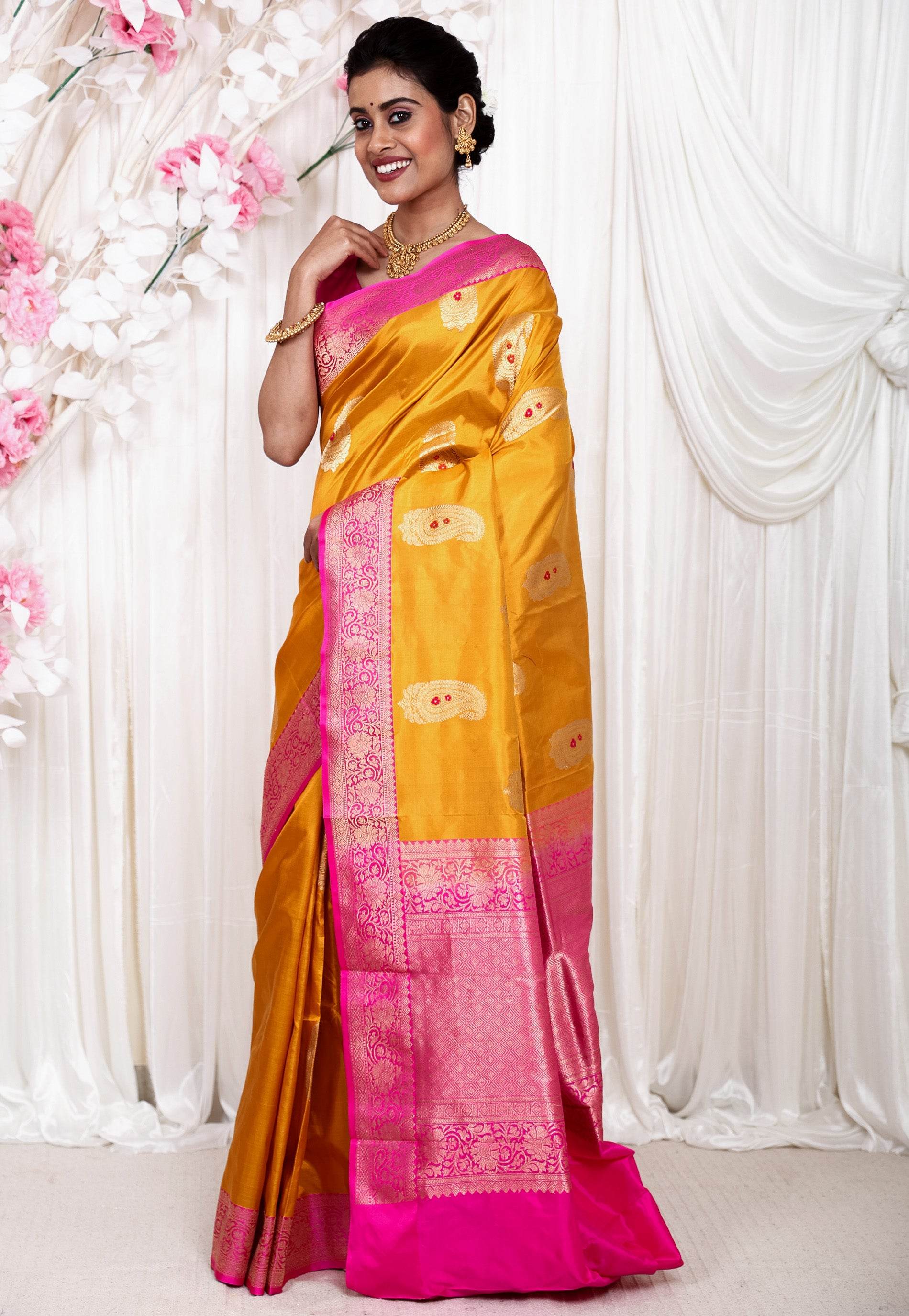 Mustard with Rani Pink Border Katan Pure Silk Saree With Blouse Piece - Adi Akshoy & Co.