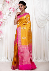 Mustard with Rani Pink Border Katan Pure Silk Saree With Blouse Piece - Adi Akshoy & Co.