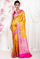 Mustard with Rani Pink Border Katan Pure Silk Saree With Blouse Piece - Adi Akshoy & Co.