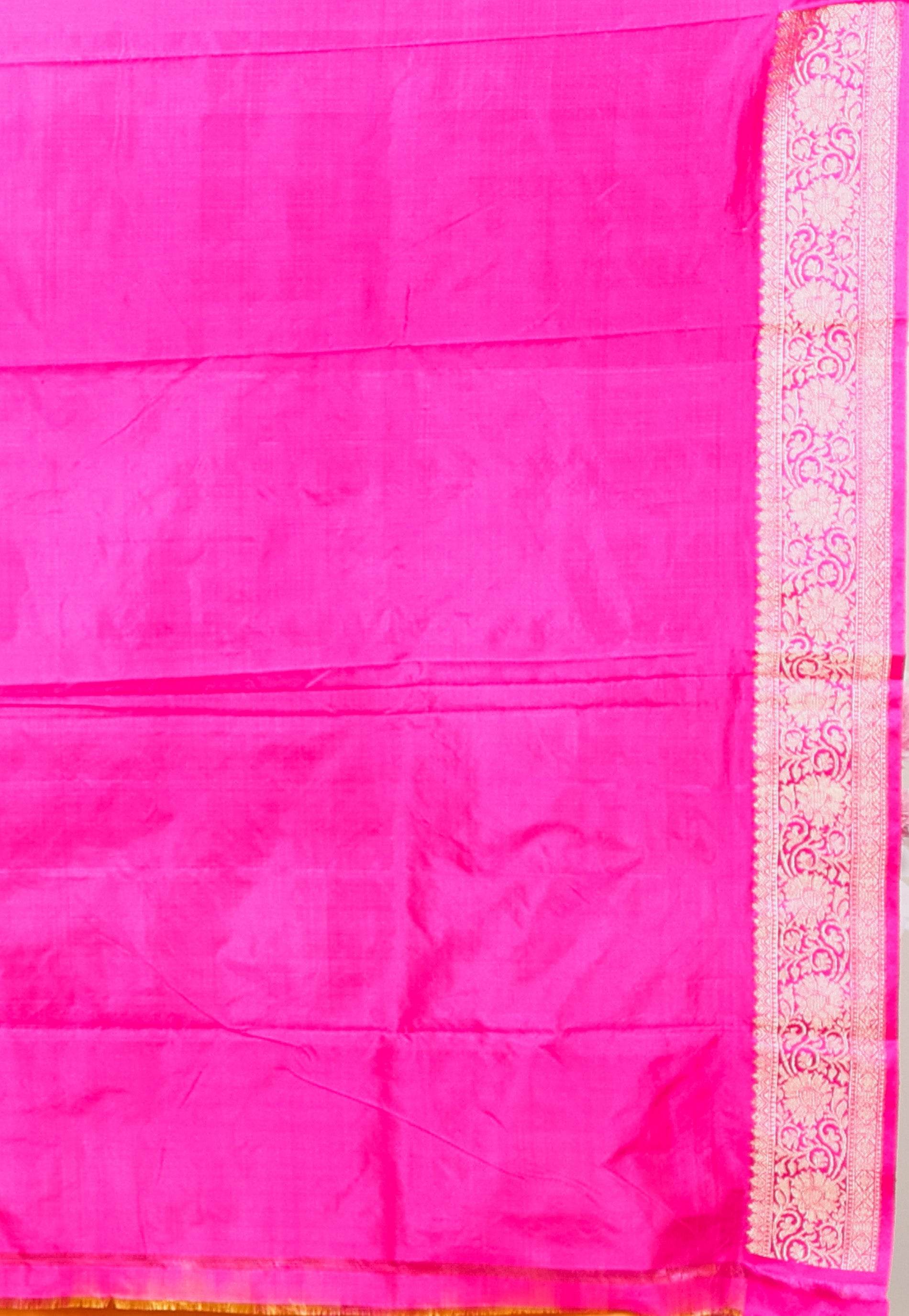 Mustard with Rani Pink Border Katan Pure Silk Saree With Blouse Piece - Adi Akshoy & Co.