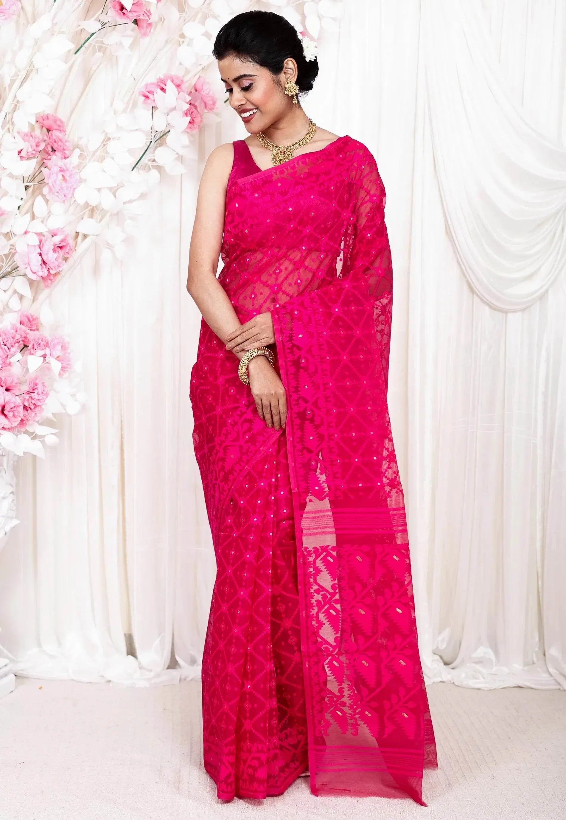 Rani Pink Dhakai Jamdani Cotton Saree without Blouse Piece - Adi Akshoy & Co.