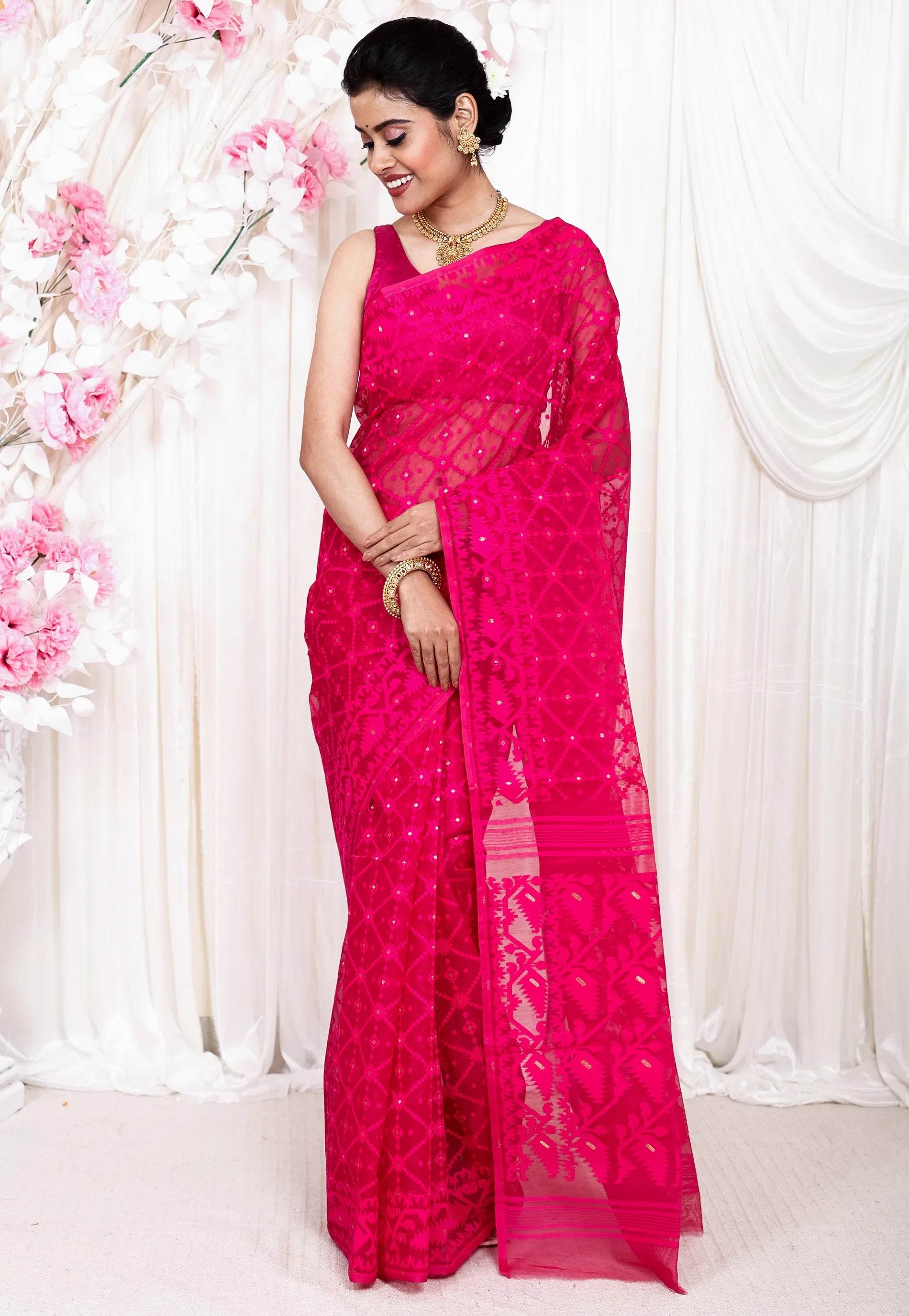 Rani Pink Dhakai Jamdani Cotton Saree without Blouse Piece - Adi Akshoy & Co.