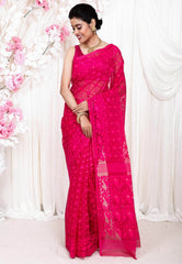 Rani Pink Dhakai Jamdani Cotton Saree without Blouse Piece - Adi Akshoy & Co.