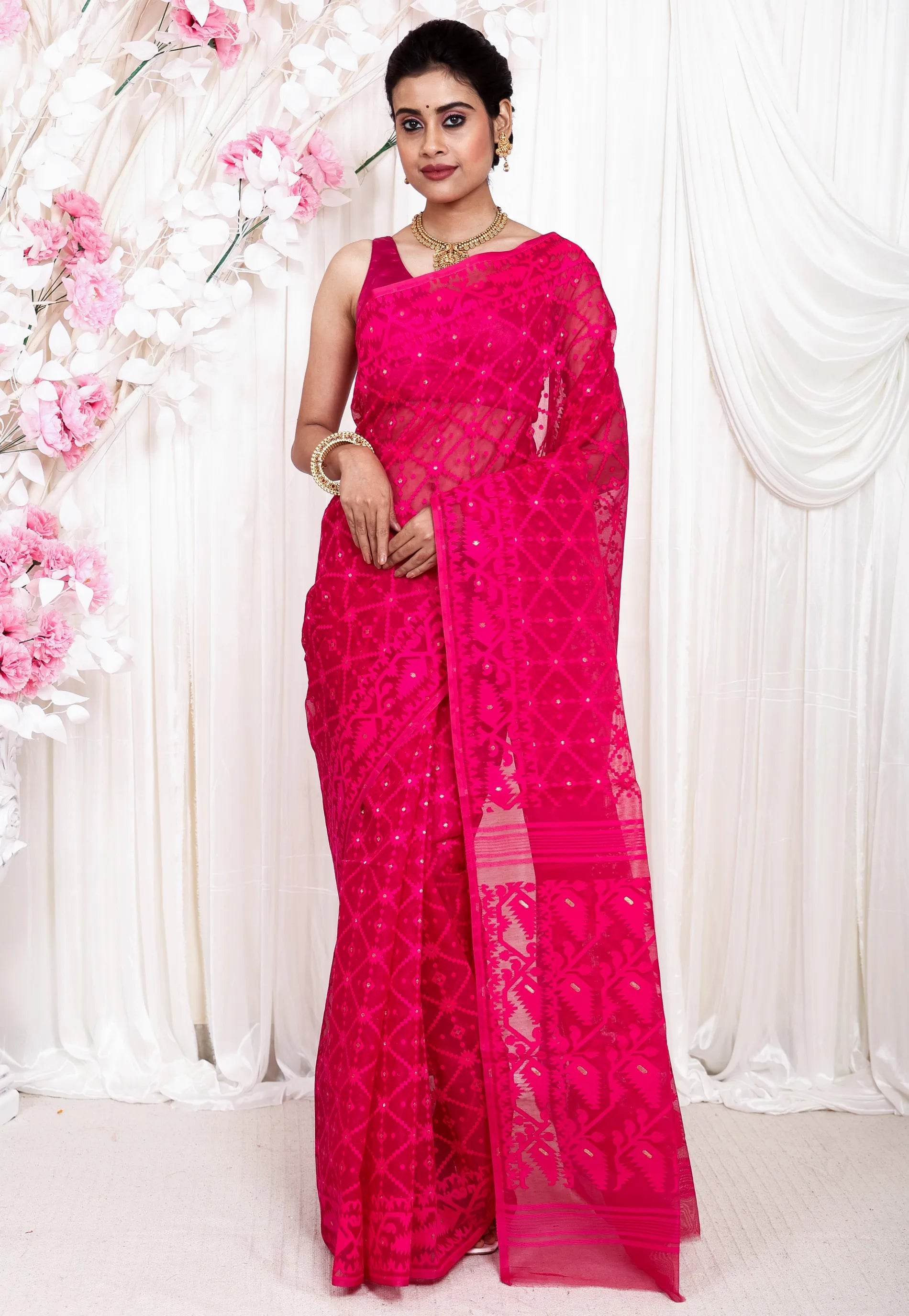 Rani Pink Dhakai Jamdani Cotton Saree without Blouse Piece - Adi Akshoy & Co.