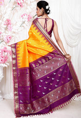Yellow with Magenta Border Gadwal Pure Silk Saree With Blouse Piece - Adi Akshoy & Co.