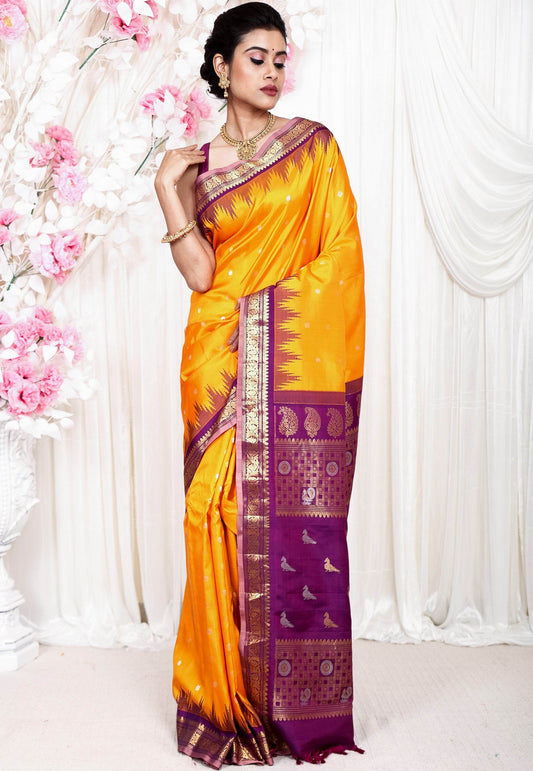 Yellow with Magenta Border Gadwal Pure Silk Saree With Blouse Piece - Adi Akshoy & Co.