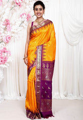 Yellow with Magenta Border Gadwal Pure Silk Saree With Blouse Piece - Adi Akshoy & Co.