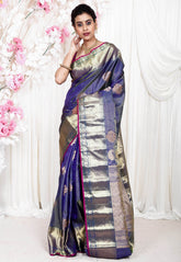 Blue Gadwal Pure Silk Saree With Blouse Piece - Adi Akshoy & Co.