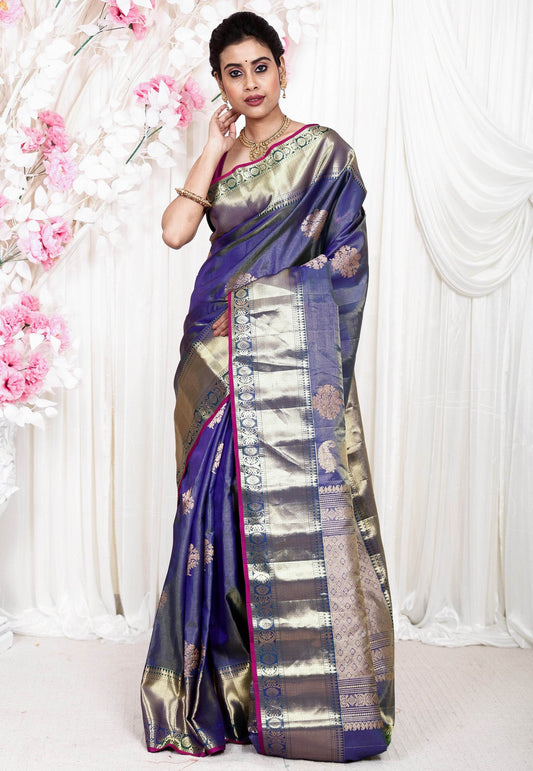 Blue Gadwal Pure Silk Saree With Blouse Piece - Adi Akshoy & Co.