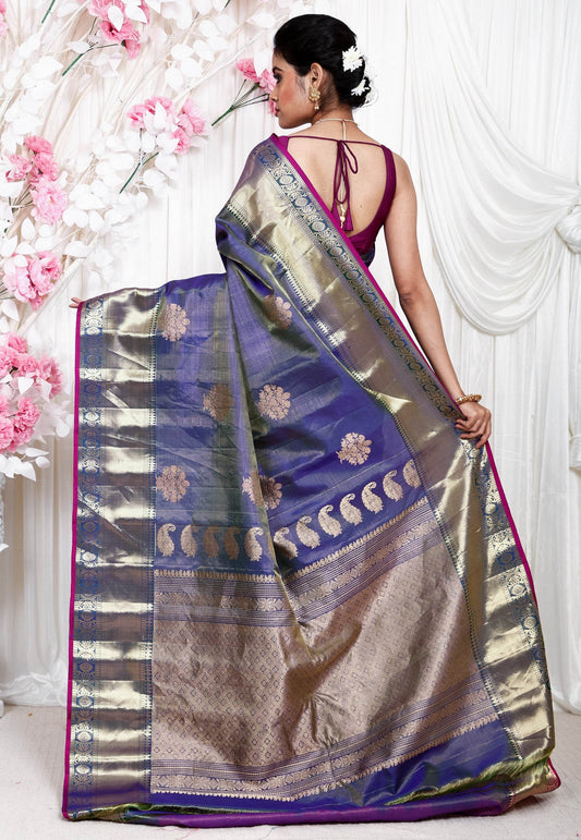 Blue Gadwal Pure Silk Saree With Blouse Piece - Adi Akshoy & Co.