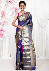 Blue Gadwal Pure Silk Saree With Blouse Piece - Adi Akshoy & Co.
