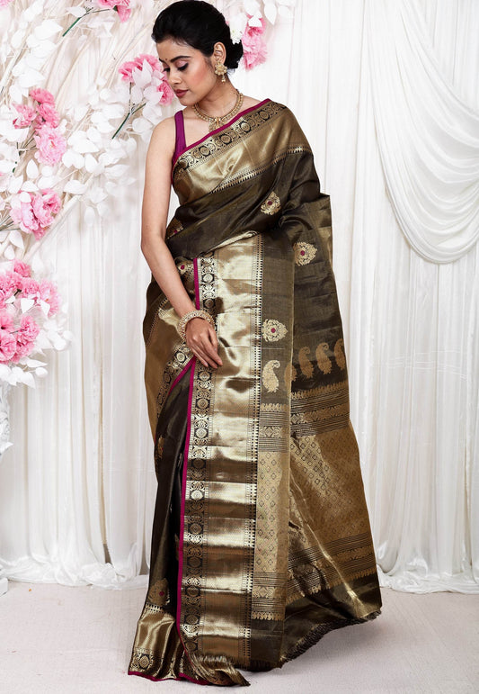 Black Tissue Gadwal Pure Silk Saree With Blouse Piece - Adi Akshoy & Co.
