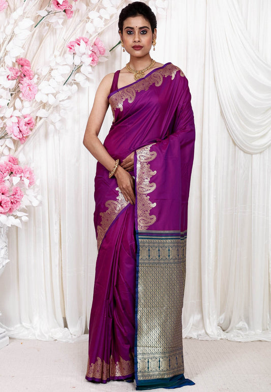 Purple Kanjivaram Silk Saree With Blouse Piece - Adi Akshoy & Co.