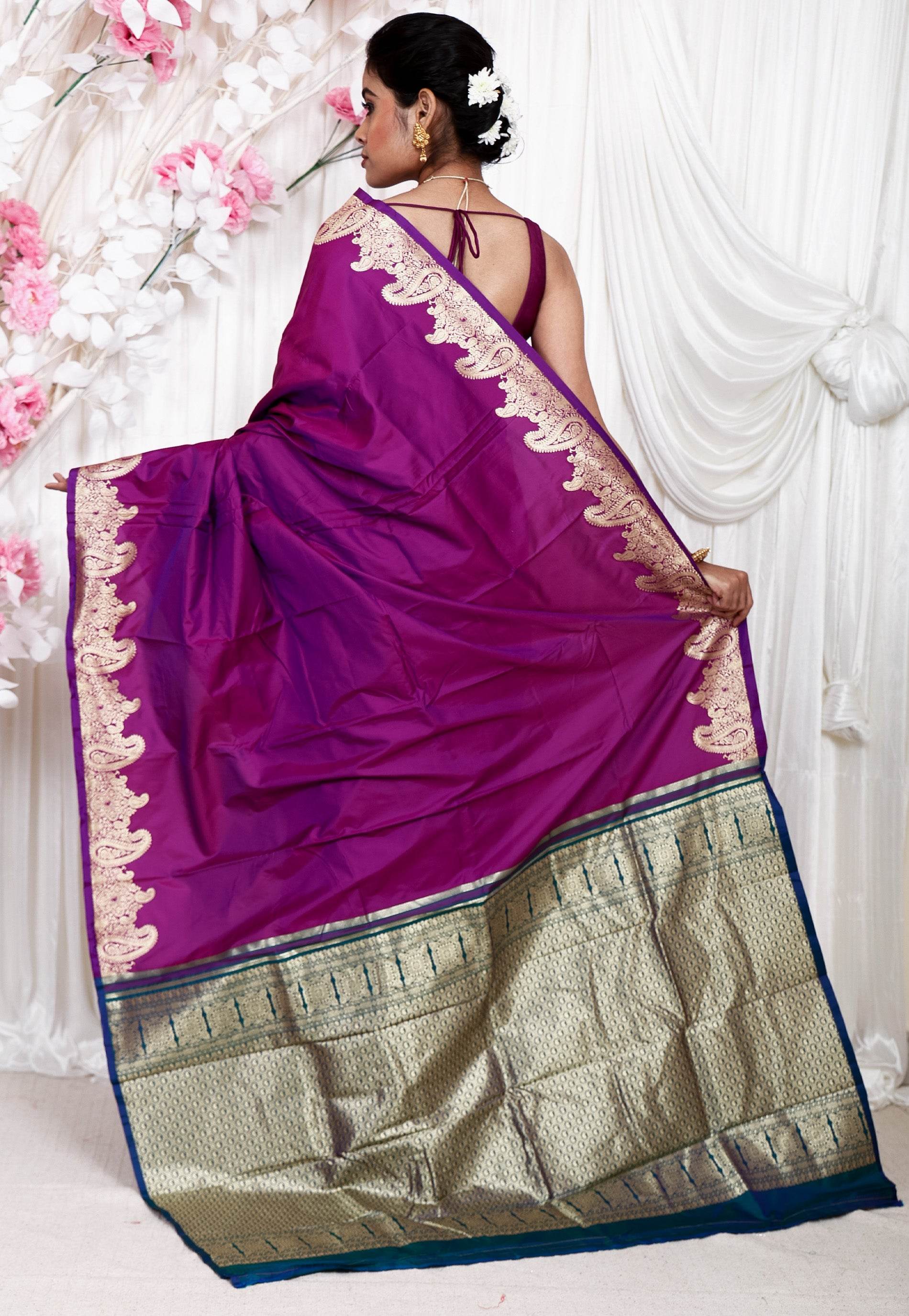 Purple Kanjivaram Silk Saree With Blouse Piece - Adi Akshoy & Co.