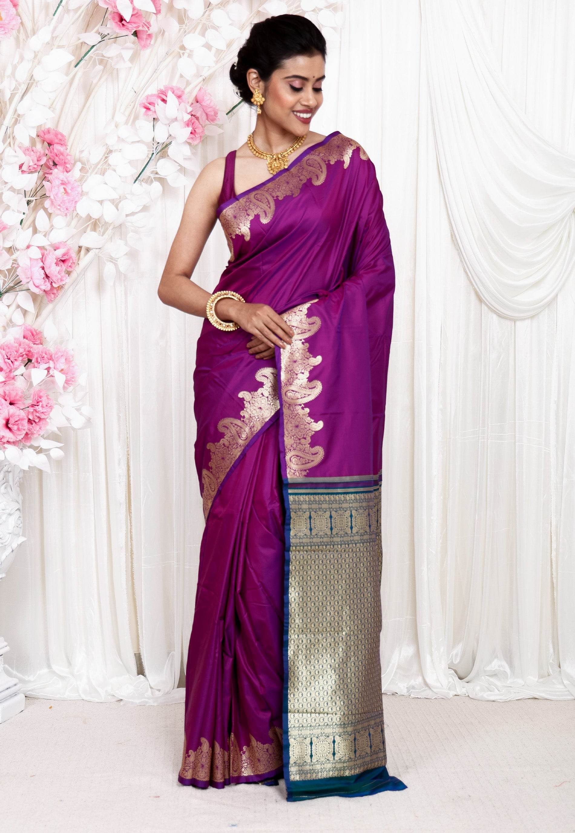 Purple Kanjivaram Silk Saree With Blouse Piece - Adi Akshoy & Co.
