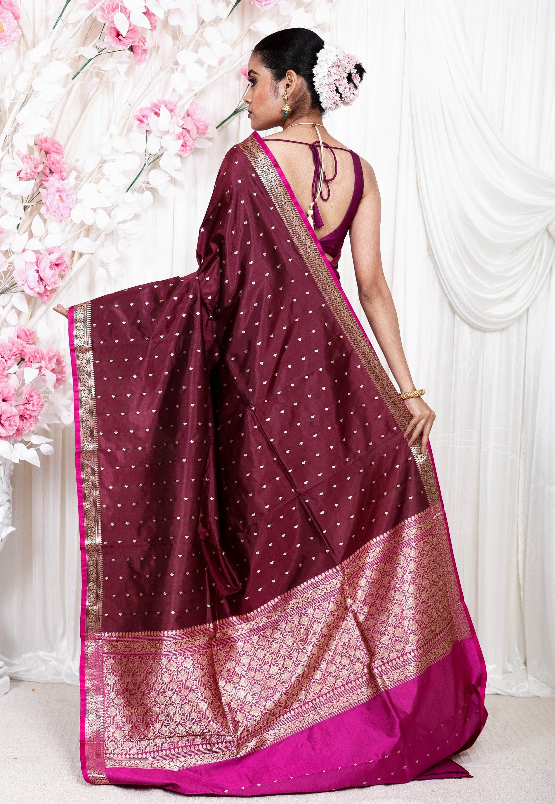 Maroon Katan Pure Silk Saree With Blouse Piece - Adi Akshoy & Co.