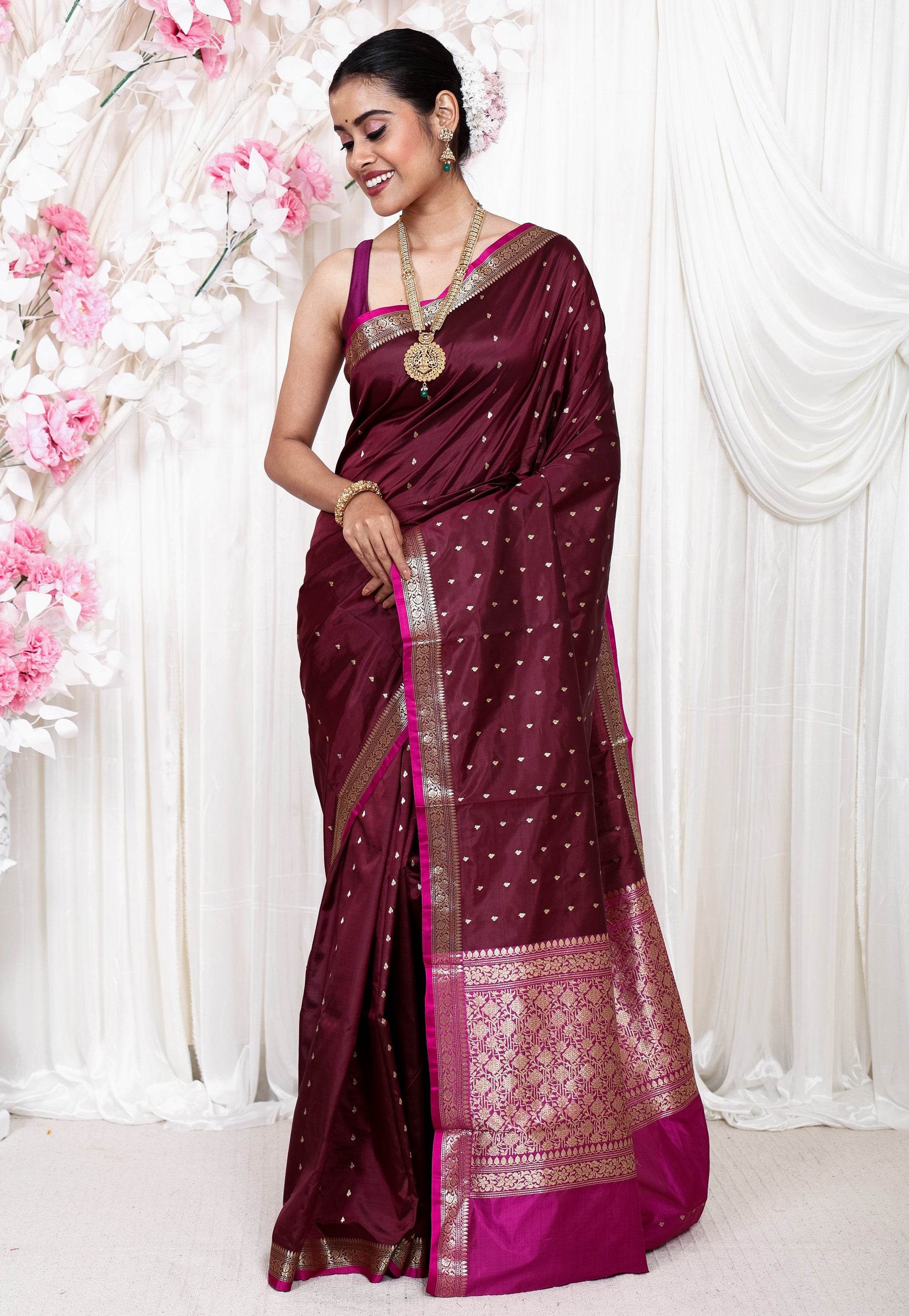 Maroon Katan Pure Silk Saree With Blouse Piece - Adi Akshoy & Co.