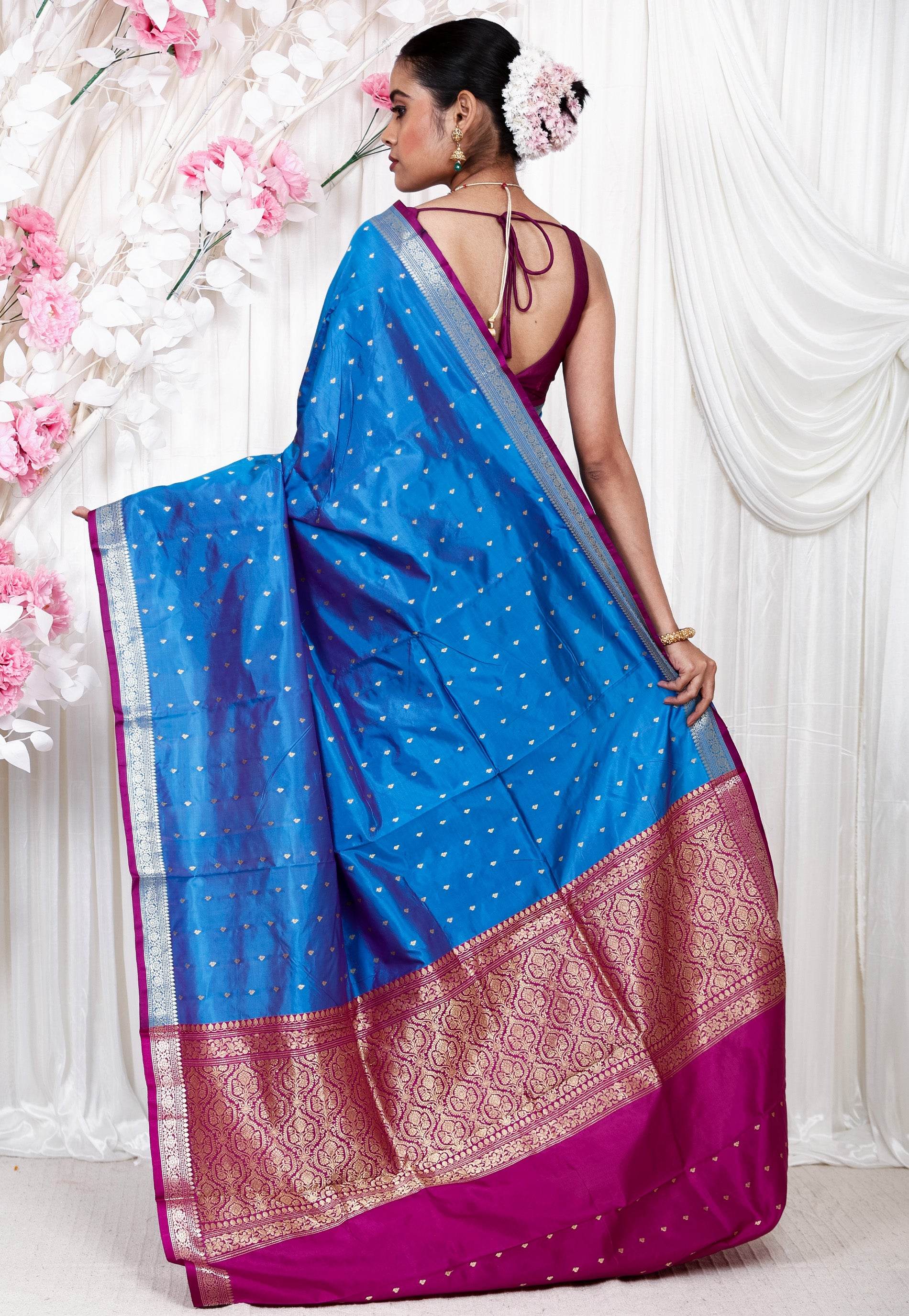 Feroza Blue Katan Pure Silk Saree With Blouse Piece - Adi Akshoy & Co.