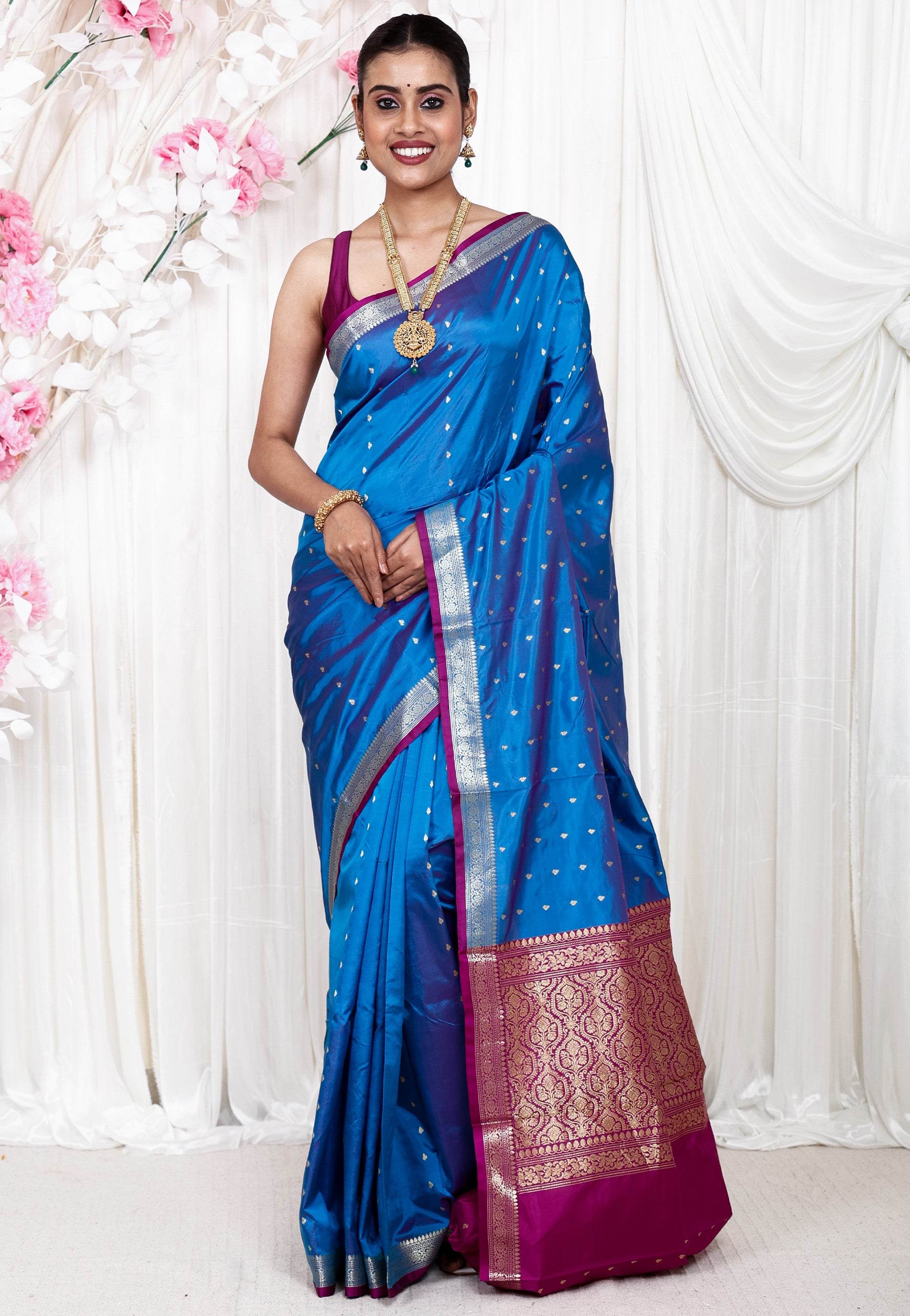 Feroza Blue Katan Pure Silk Saree With Blouse Piece - Adi Akshoy & Co.