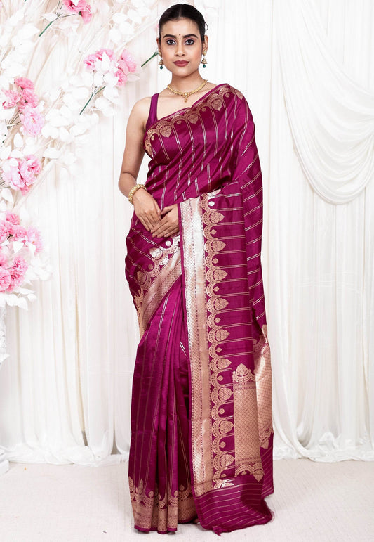 Magenta Katan Pure Silk Saree With Blouse Piece - Adi Akshoy & Co.