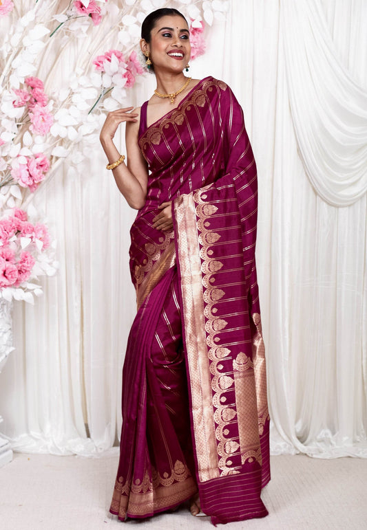 Magenta Katan Pure Silk Saree With Blouse Piece - Adi Akshoy & Co.