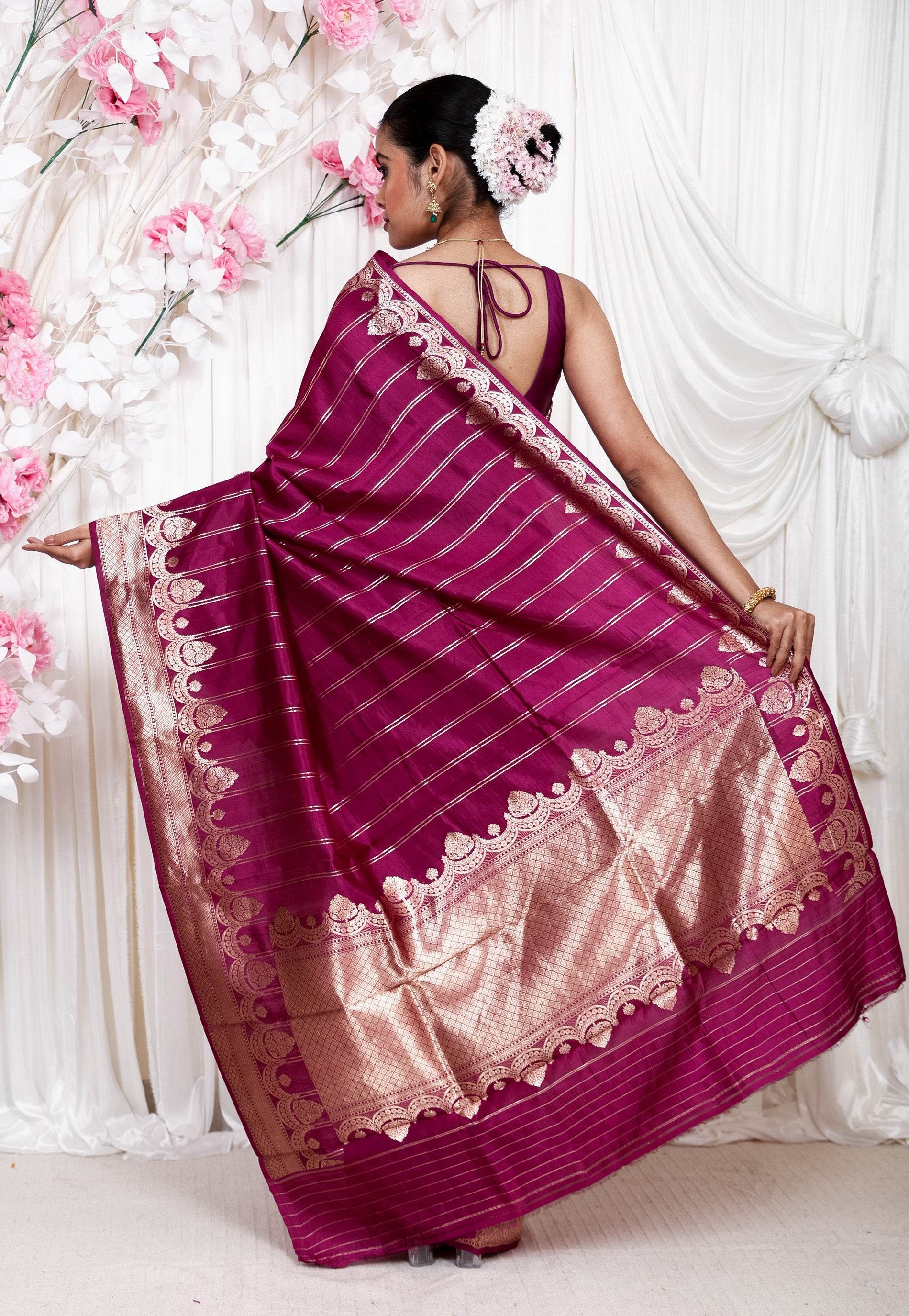 Magenta Katan Pure Silk Saree With Blouse Piece - Adi Akshoy & Co.
