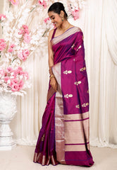 Magenta Katan Pure Silk Saree With Blouse Piece - Adi Akshoy & Co.