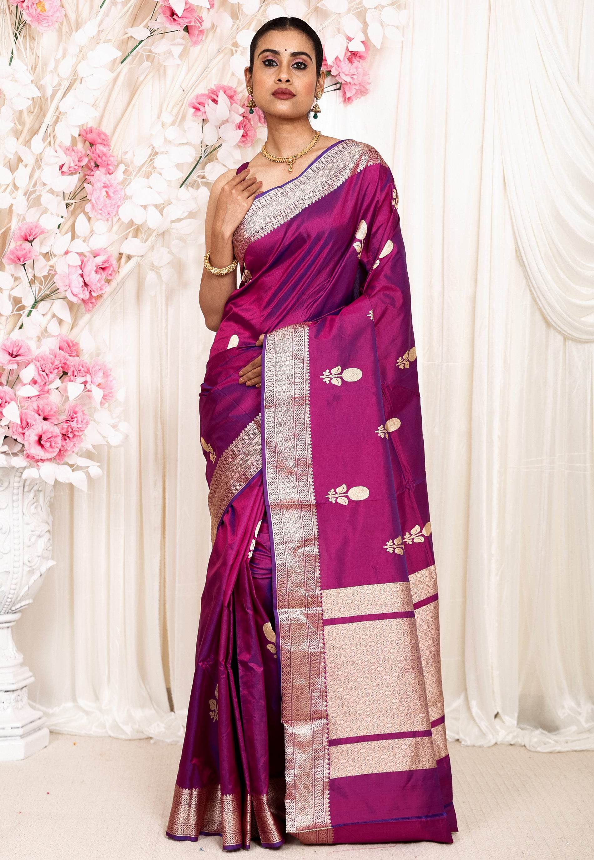 Magenta Katan Pure Silk Saree With Blouse Piece - Adi Akshoy & Co.