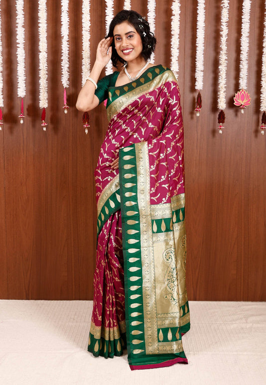 Magenta with Bottle Green Border Kanjivaram Silk Saree With Blouse Piece - Adi Akshoy & Co.