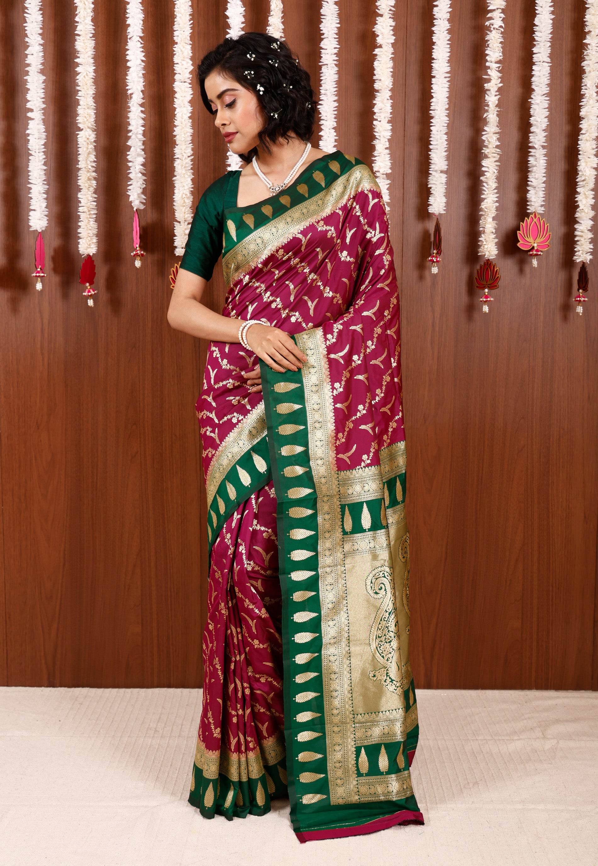 Magenta with Bottle Green Border Kanjivaram Silk Saree With Blouse Piece - Adi Akshoy & Co.
