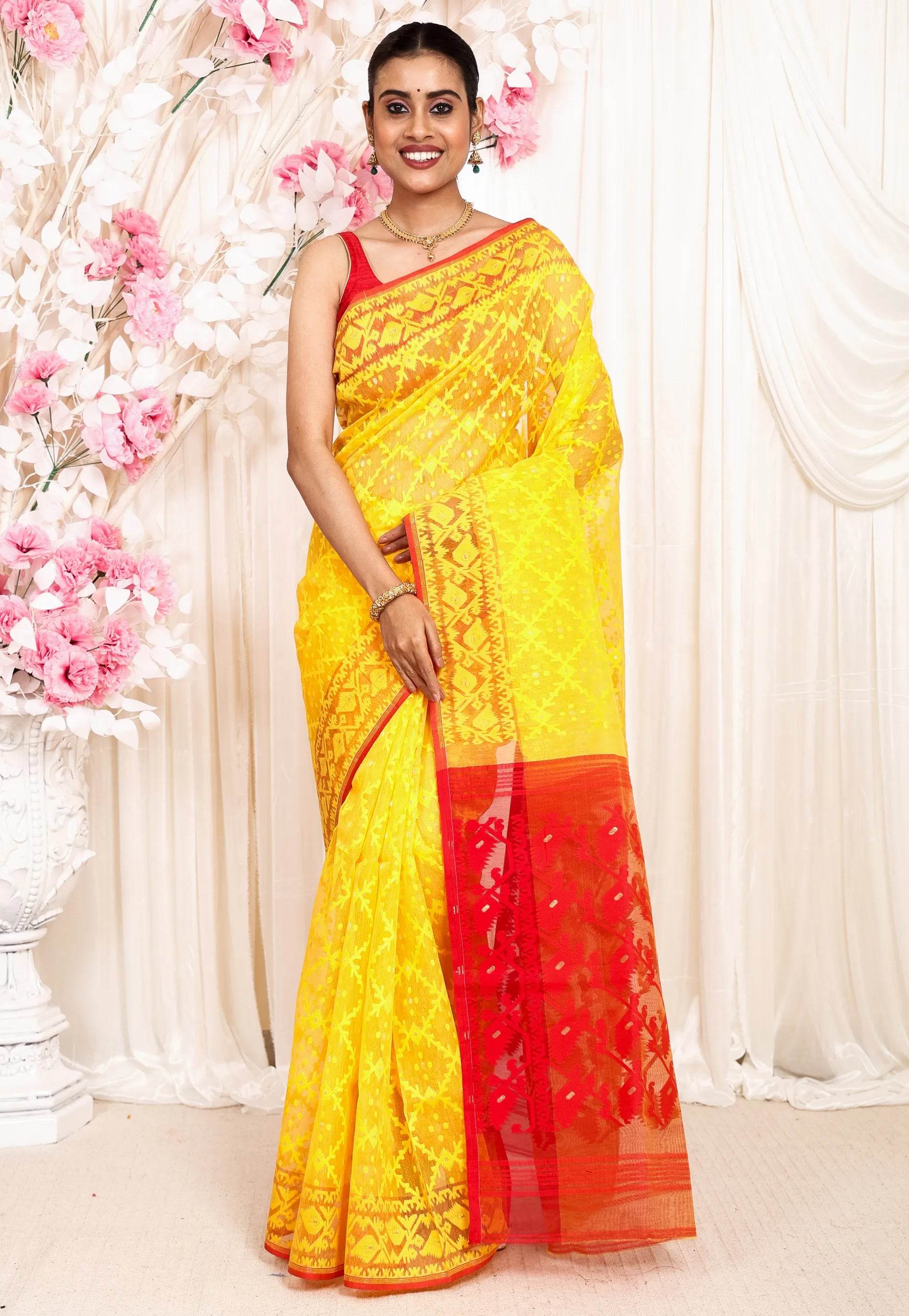 Yellow Dhakai Jamdani Cotton Saree without Blouse Piece - Adi Akshoy & Co.