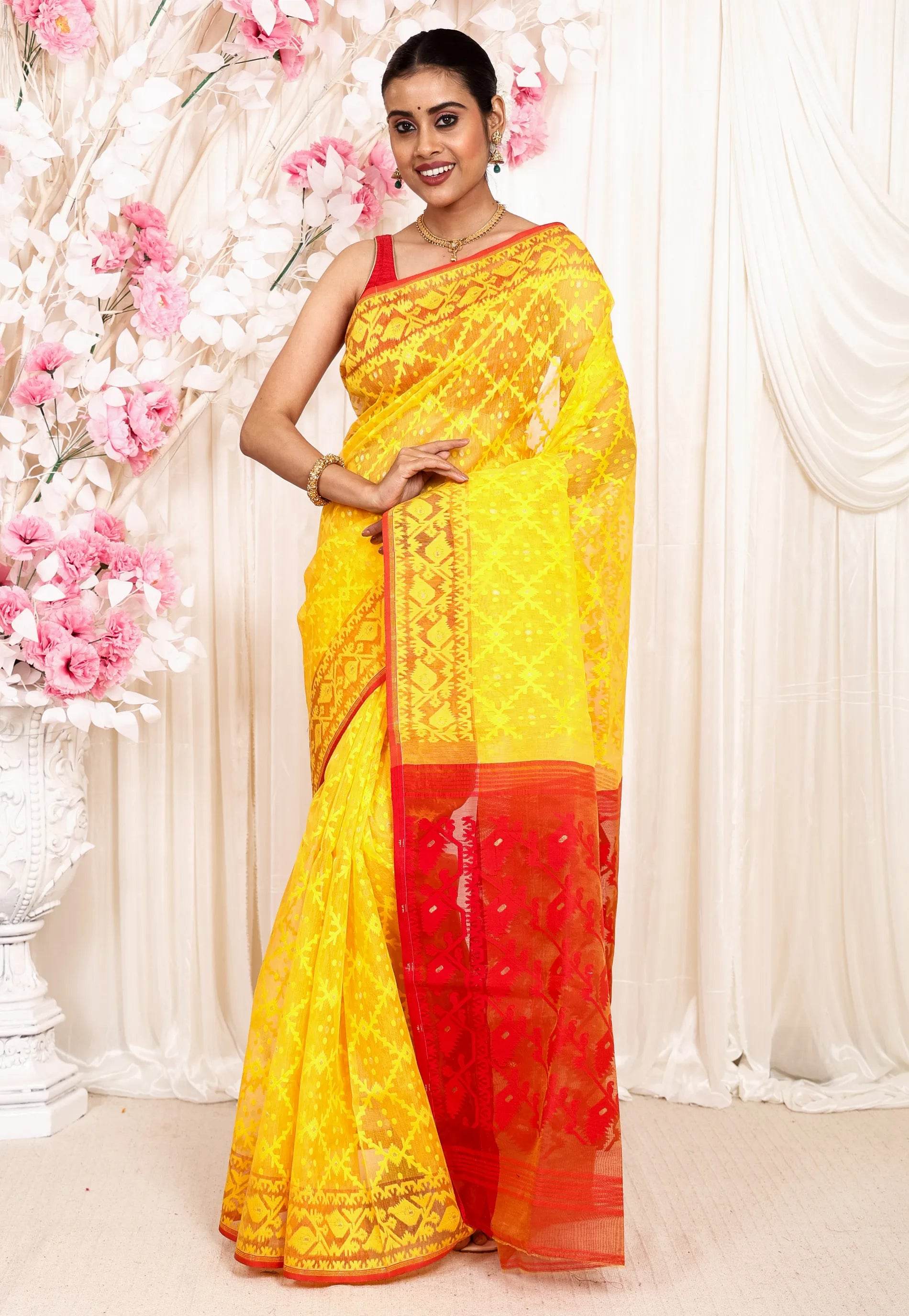 Yellow Dhakai Jamdani Cotton Saree without Blouse Piece - Adi Akshoy & Co.