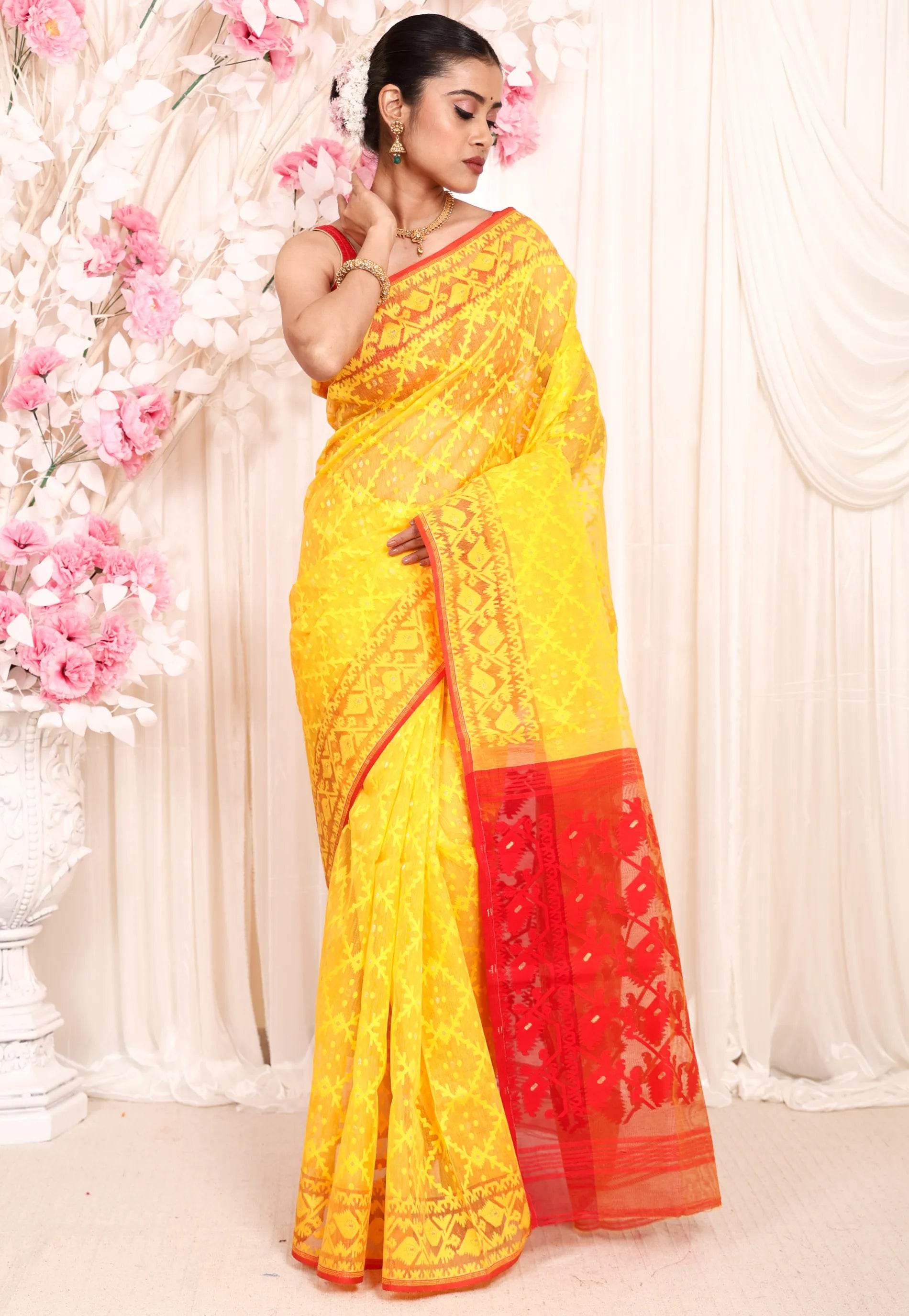 Yellow Dhakai Jamdani Cotton Saree without Blouse Piece - Adi Akshoy & Co.