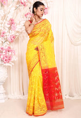 Yellow Dhakai Jamdani Cotton Saree without Blouse Piece - Adi Akshoy & Co.