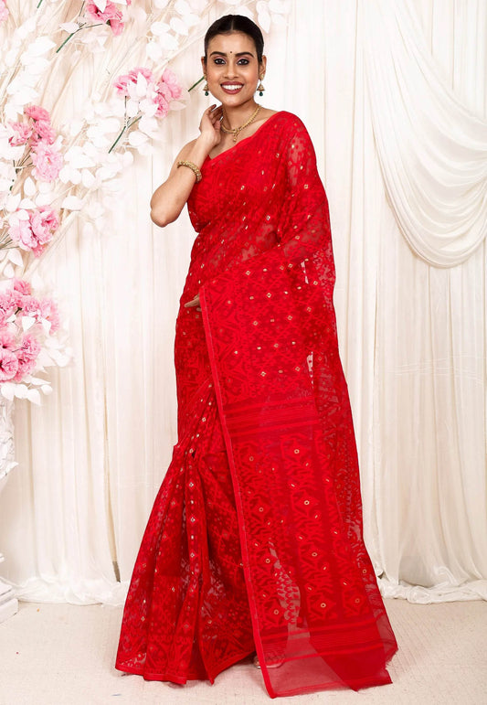 Red Dhakai Jamdani Cotton Saree without Blouse Piece - Adi Akshoy & Co.