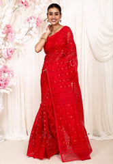 Red Dhakai Jamdani Cotton Saree without Blouse Piece - Adi Akshoy & Co.