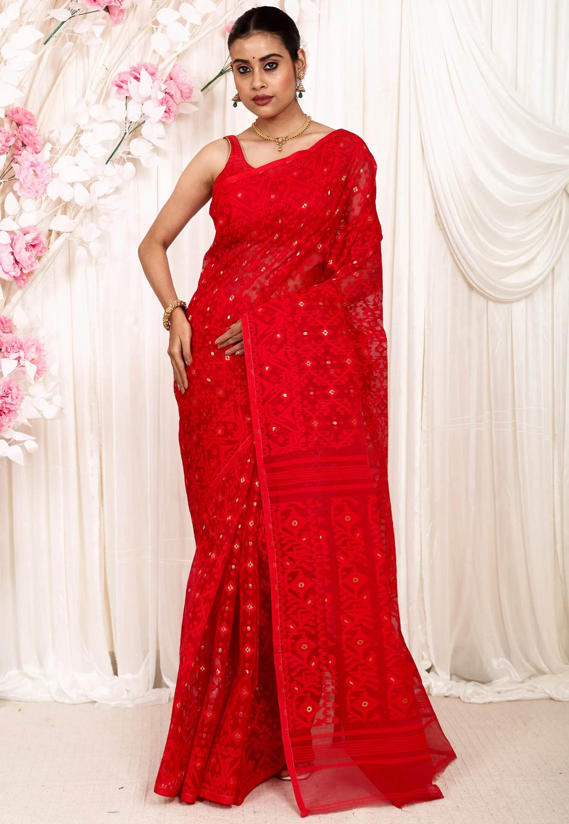 Red Dhakai Jamdani Cotton Saree without Blouse Piece - Adi Akshoy & Co.