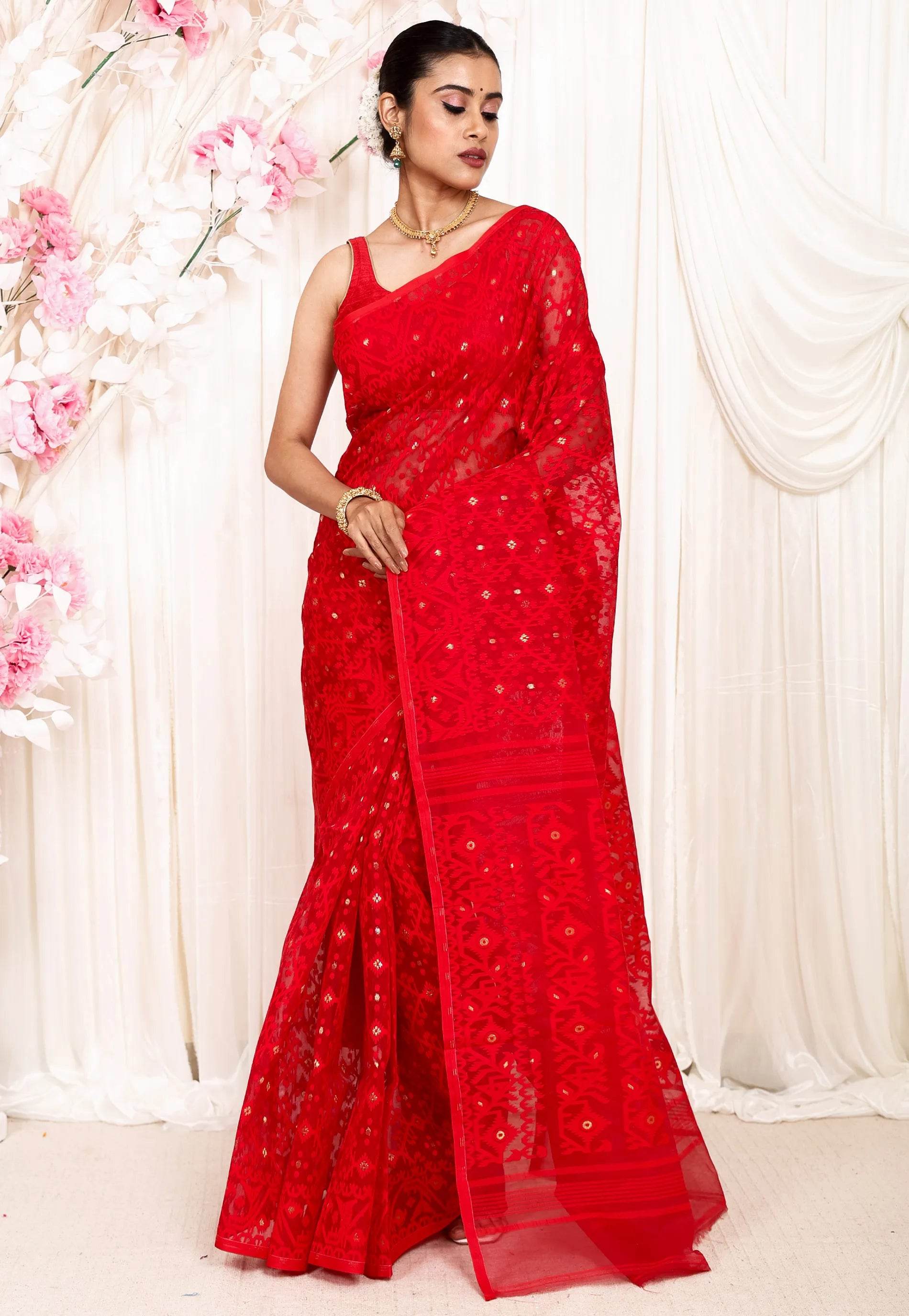 Red Dhakai Jamdani Cotton Saree without Blouse Piece - Adi Akshoy & Co.
