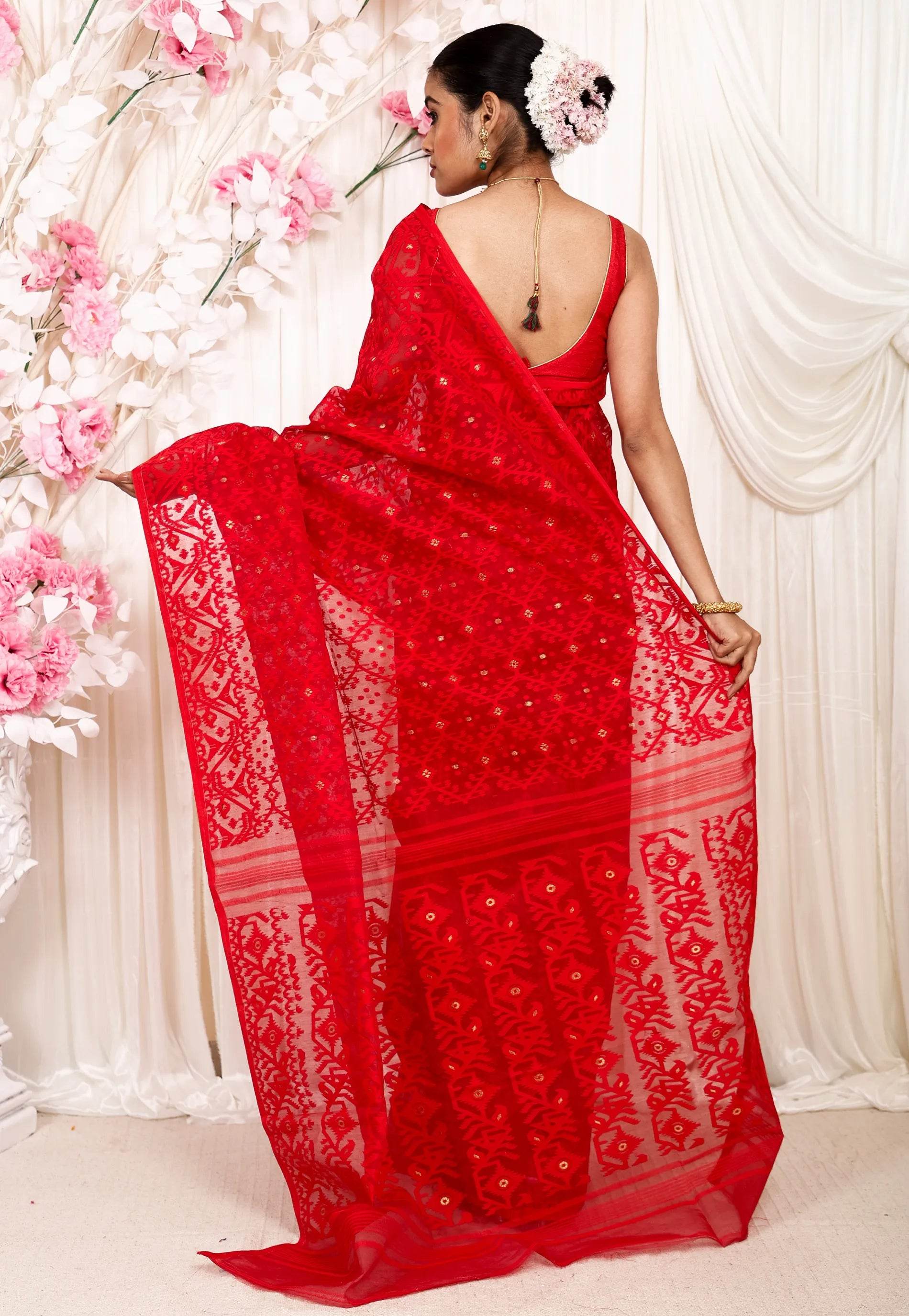 Red Dhakai Jamdani Cotton Saree without Blouse Piece - Adi Akshoy & Co.