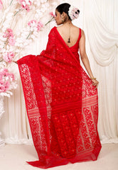 Red Dhakai Jamdani Cotton Saree without Blouse Piece - Adi Akshoy & Co.
